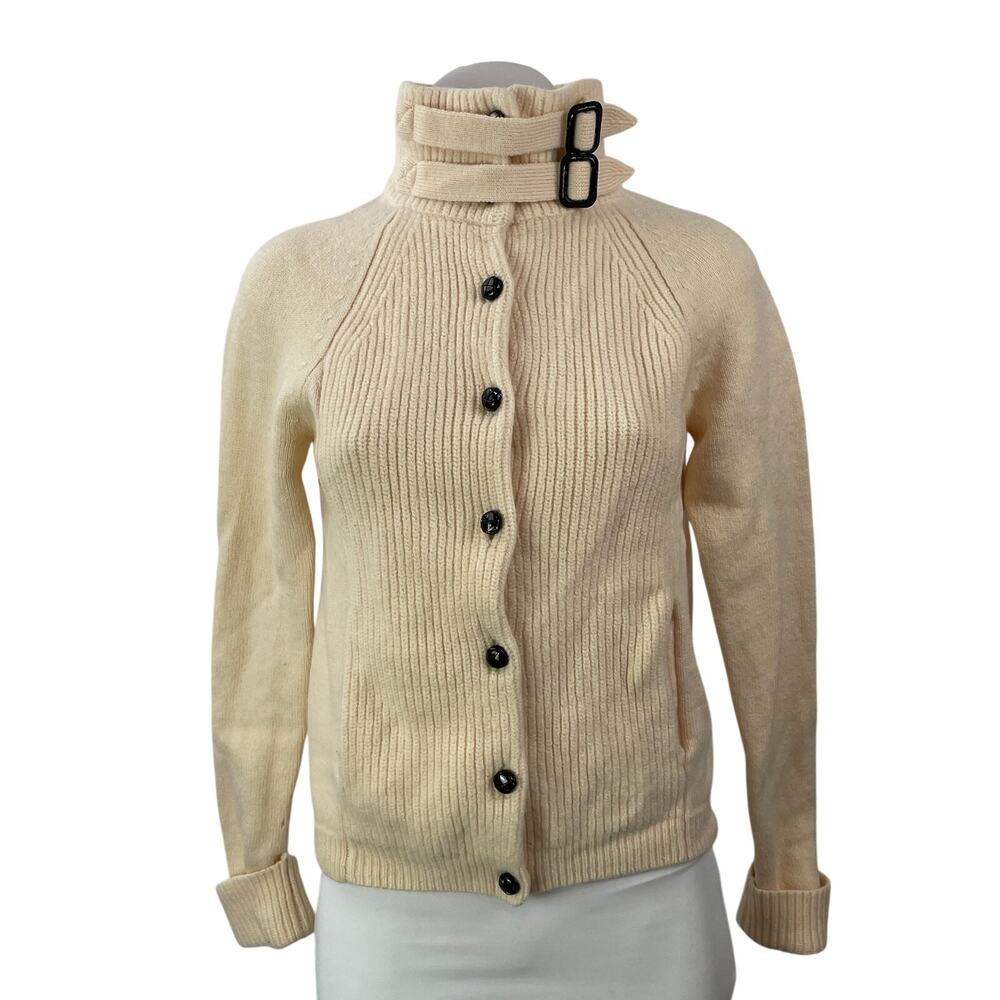 J.Crew Womens Cream 100% Wool Ribbed Knit Cardigan Turtleneck Sweater Top Size M